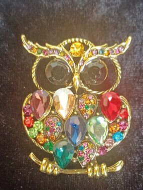 Multi Colored Rhinestone Owl Brooch